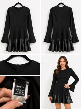 Shein Black Long Sleeve Fit-and-Flare Dress with Faux Leather Hem